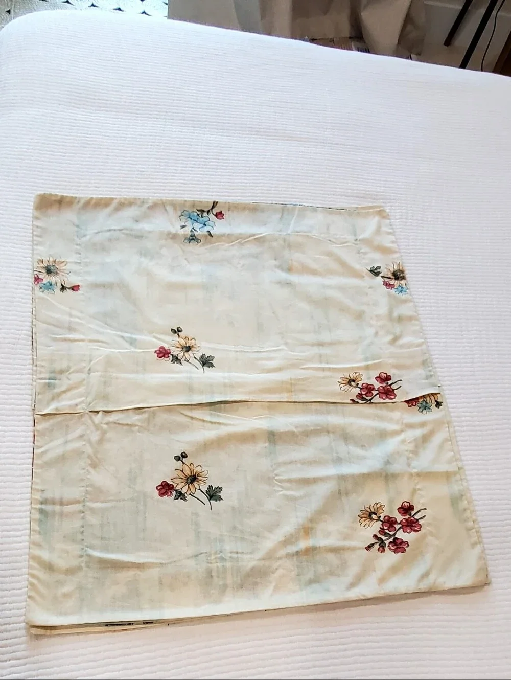 3 Vintage Pillow Shams Fisherman/Cabin/Mountains Creamy Ivory/Blues EUC